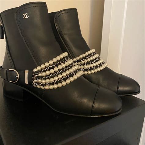 chanel black shearling boots|Chanel boots with pearl heel.